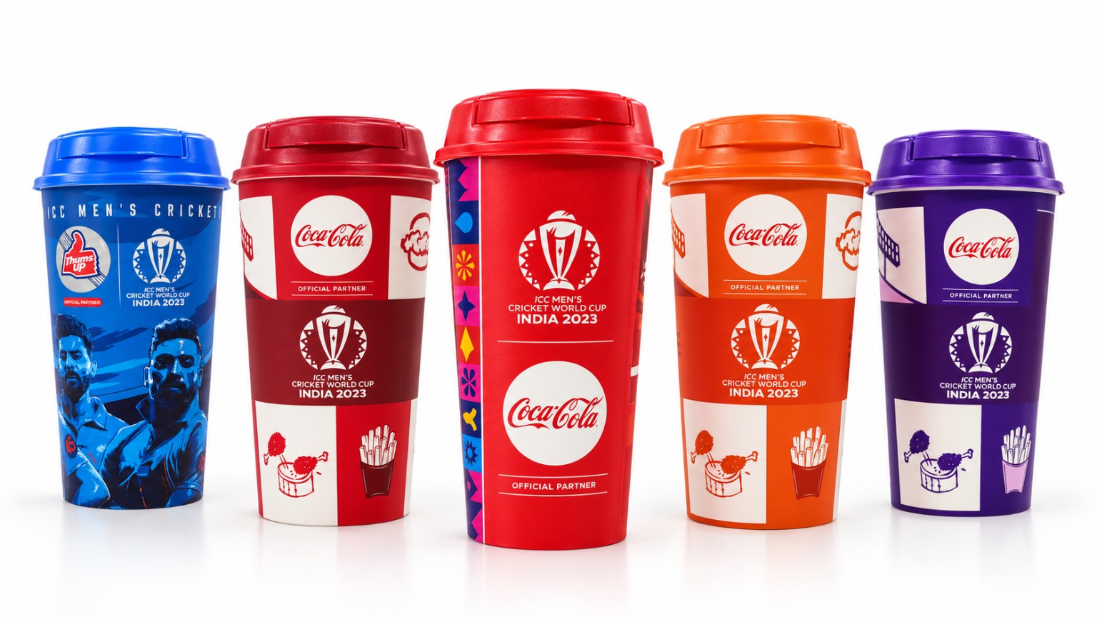 Five colourful reusable cups with Coca-Cola and Cricket World Cup 2023 artwork